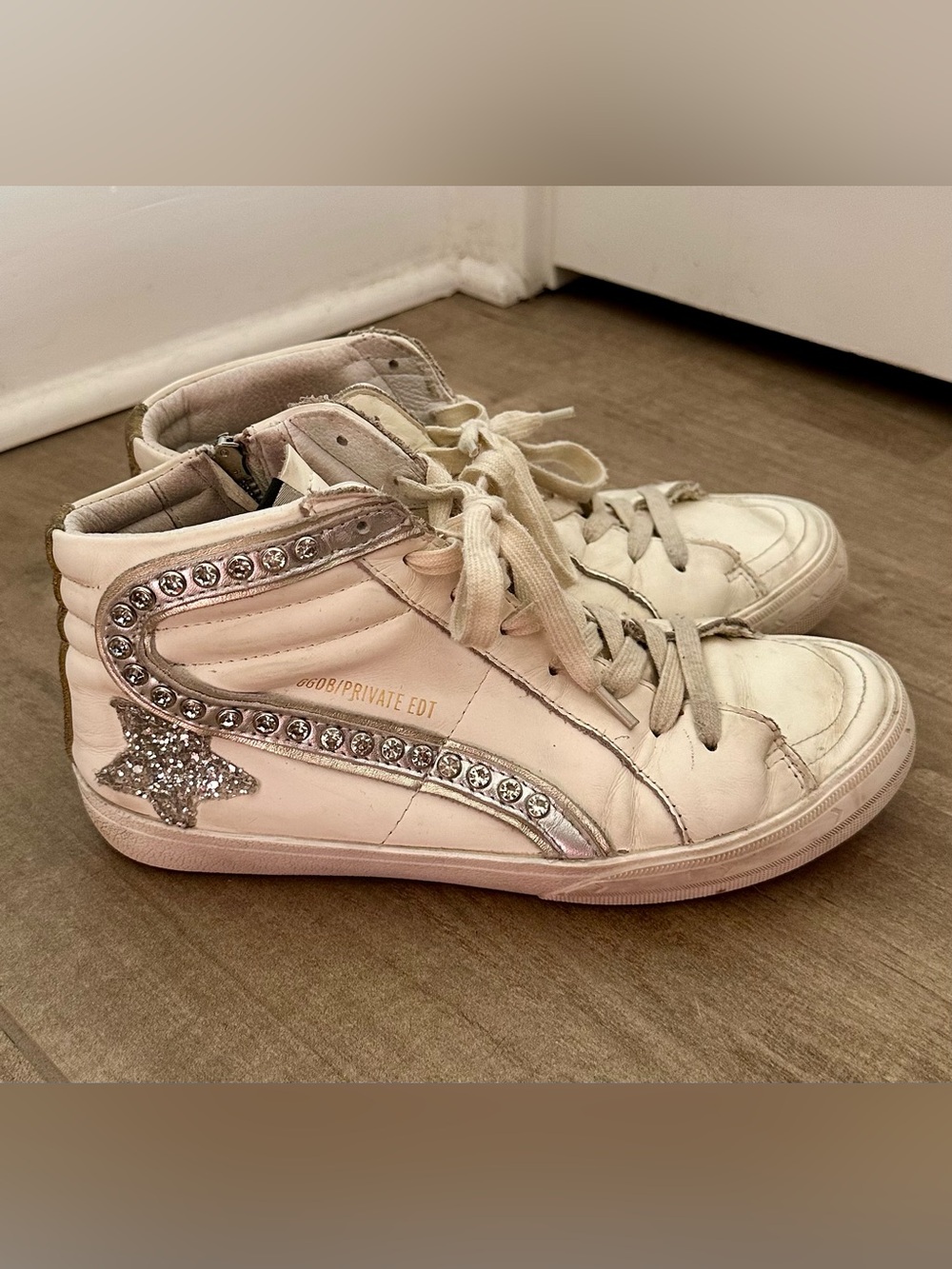 Golden Goose GGDB 39 Private EDT Crystal Hi-Top Sneakers White Glitter Leopard
